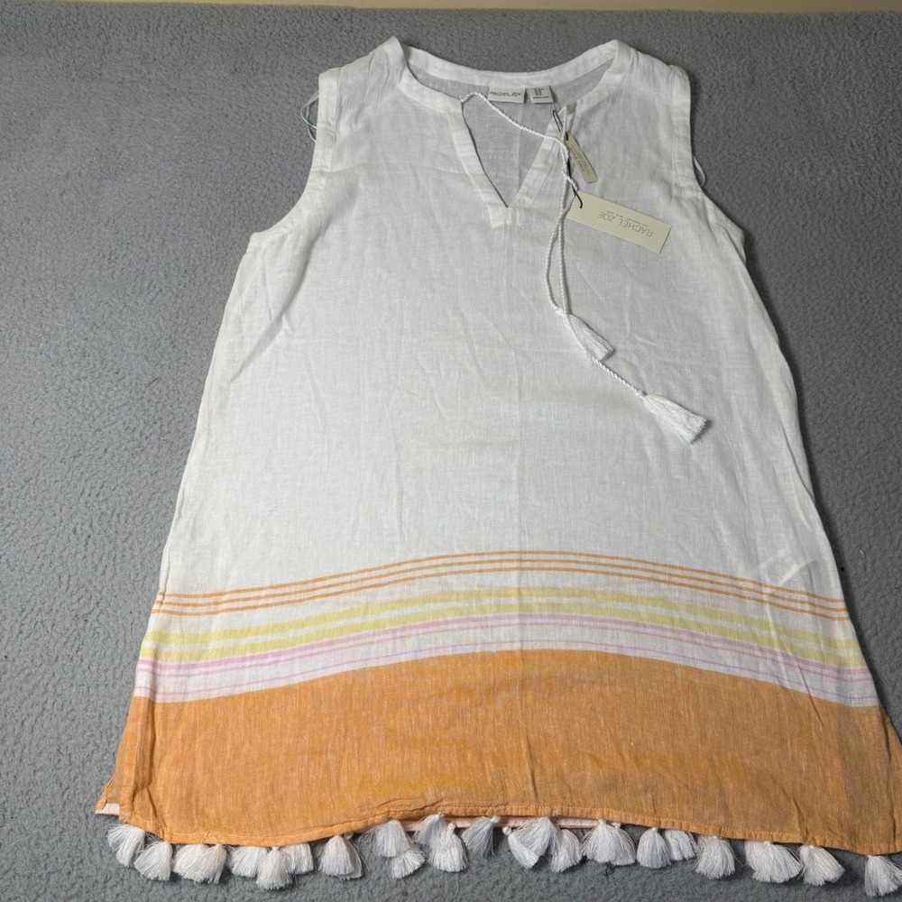 Rachel Zoe Womens Linen Blend Striped Tassel Hem Sleeveless Swim Coverup White M